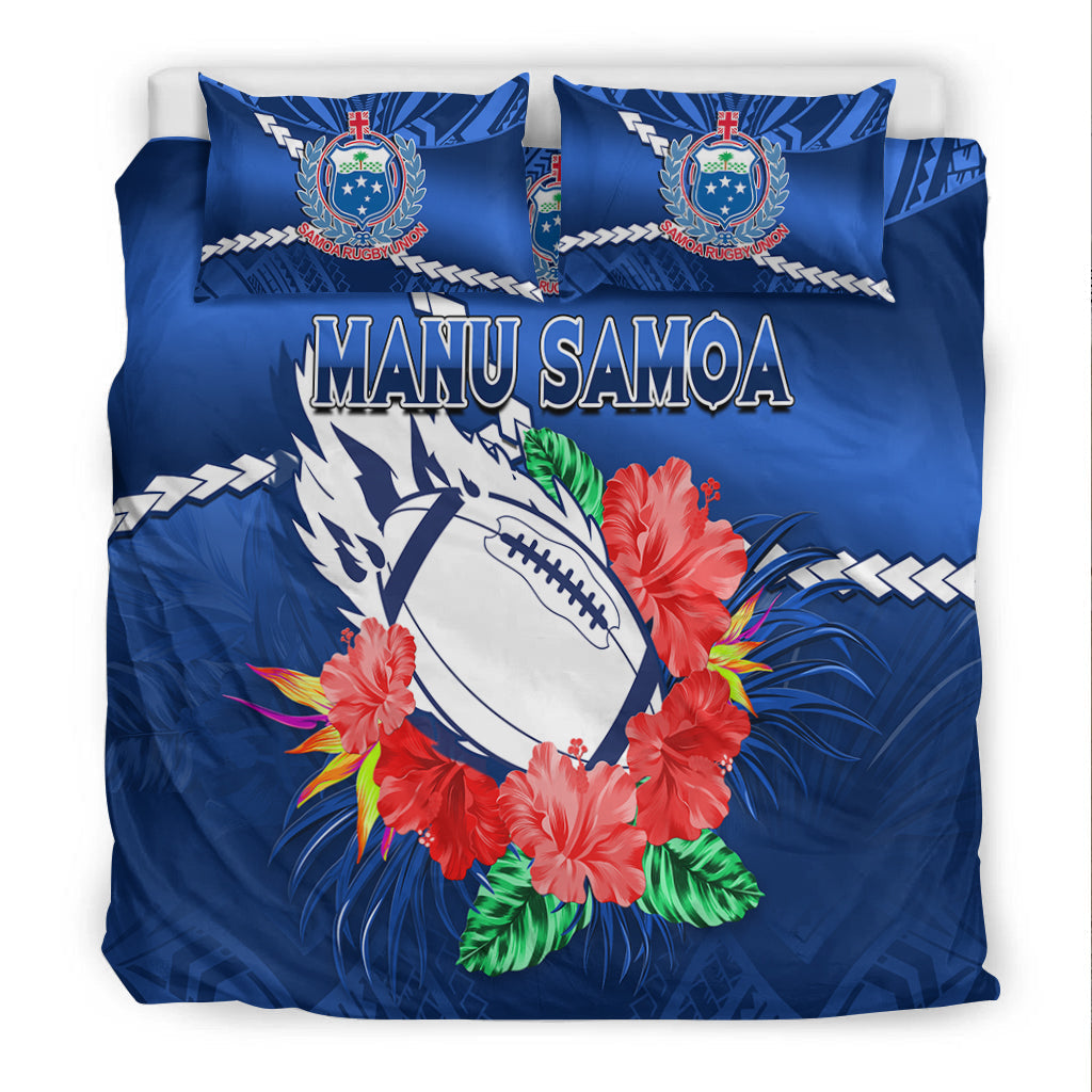 Samoa Rugby Bedding Set Manu Samoa Polynesian Hibiscus Blue Style - Wonder Print Shop