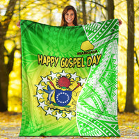 Green Polynesian patterned blanket with Happy Gospel Day text and crest emblem