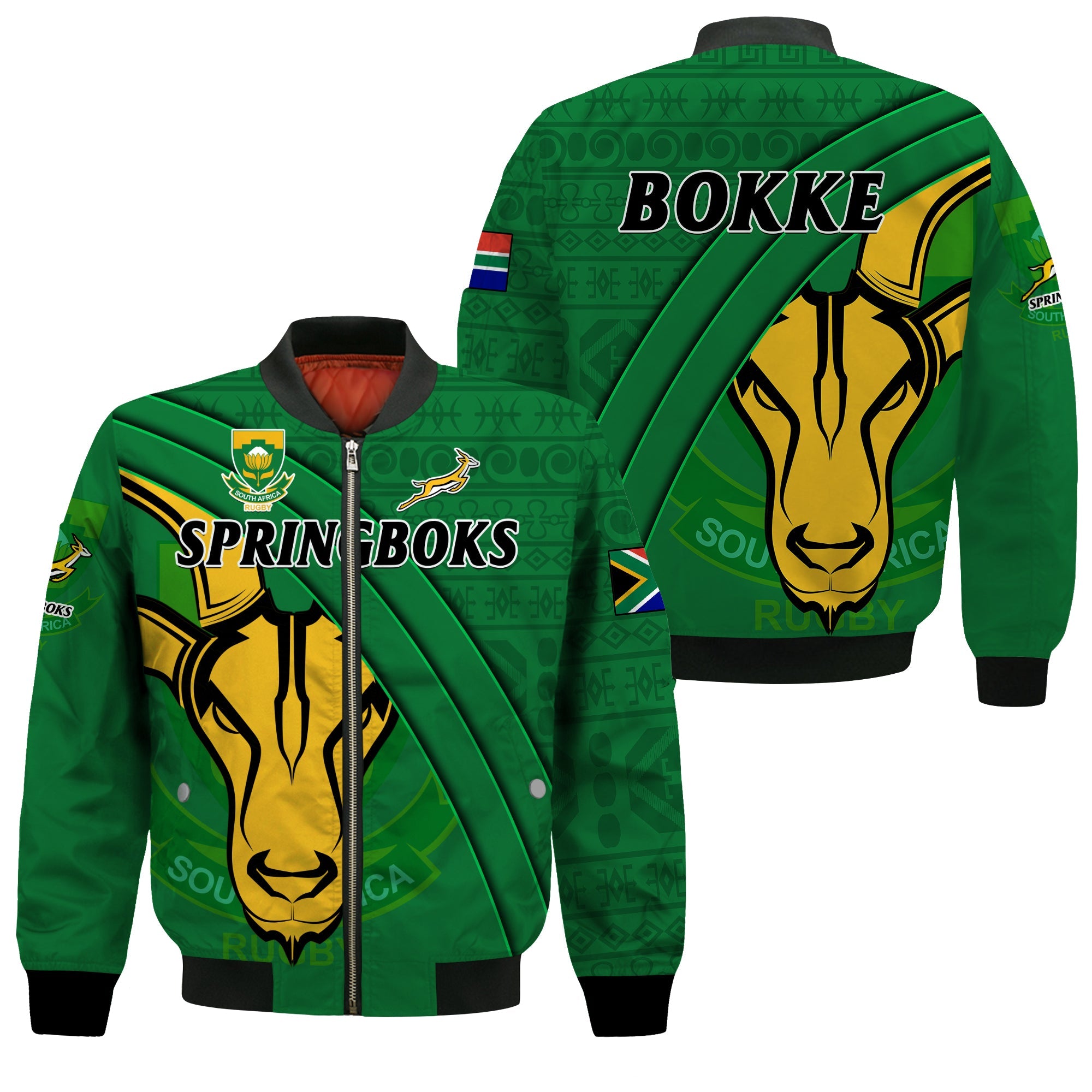 South Africa Rugby Bomber Jacket Bokke Springbok With African Pattern Stronger Together - Wonder Print Shop