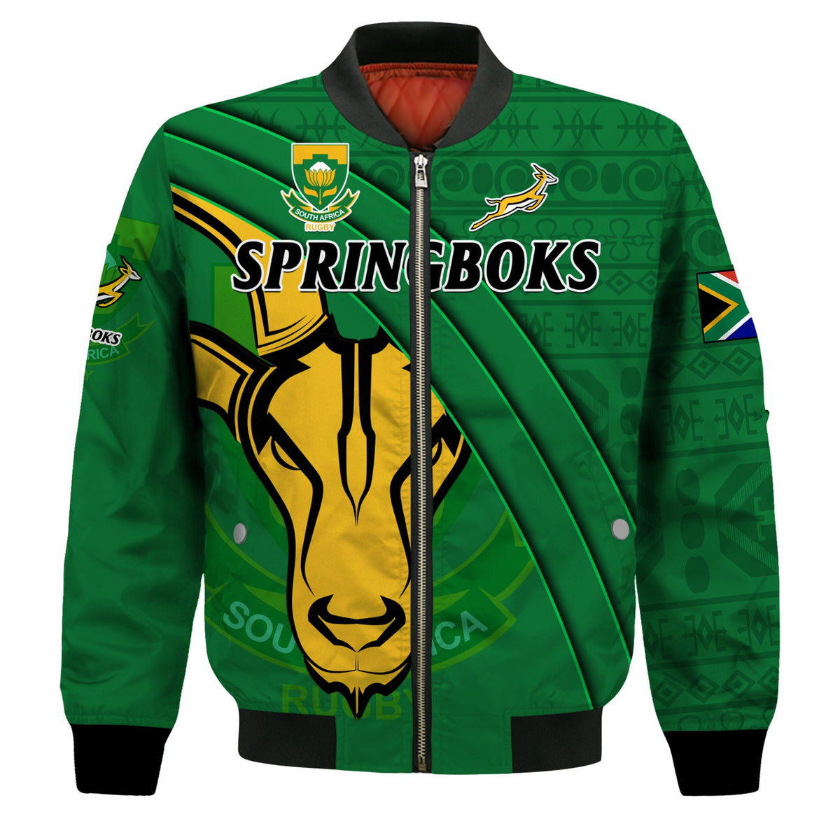 (Custom Text And Number) South Africa Rugby Bomber Jacket Bokke Springbok With African Pattern Stronger Together - Wonder Print Shop