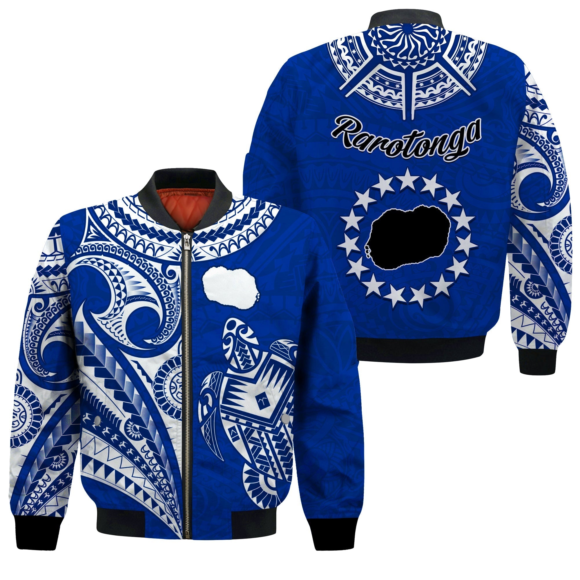 Rarotonga Cook Islands Bomber Jacket Turtle and Map Style Blue LT13 - Wonder Print Shop