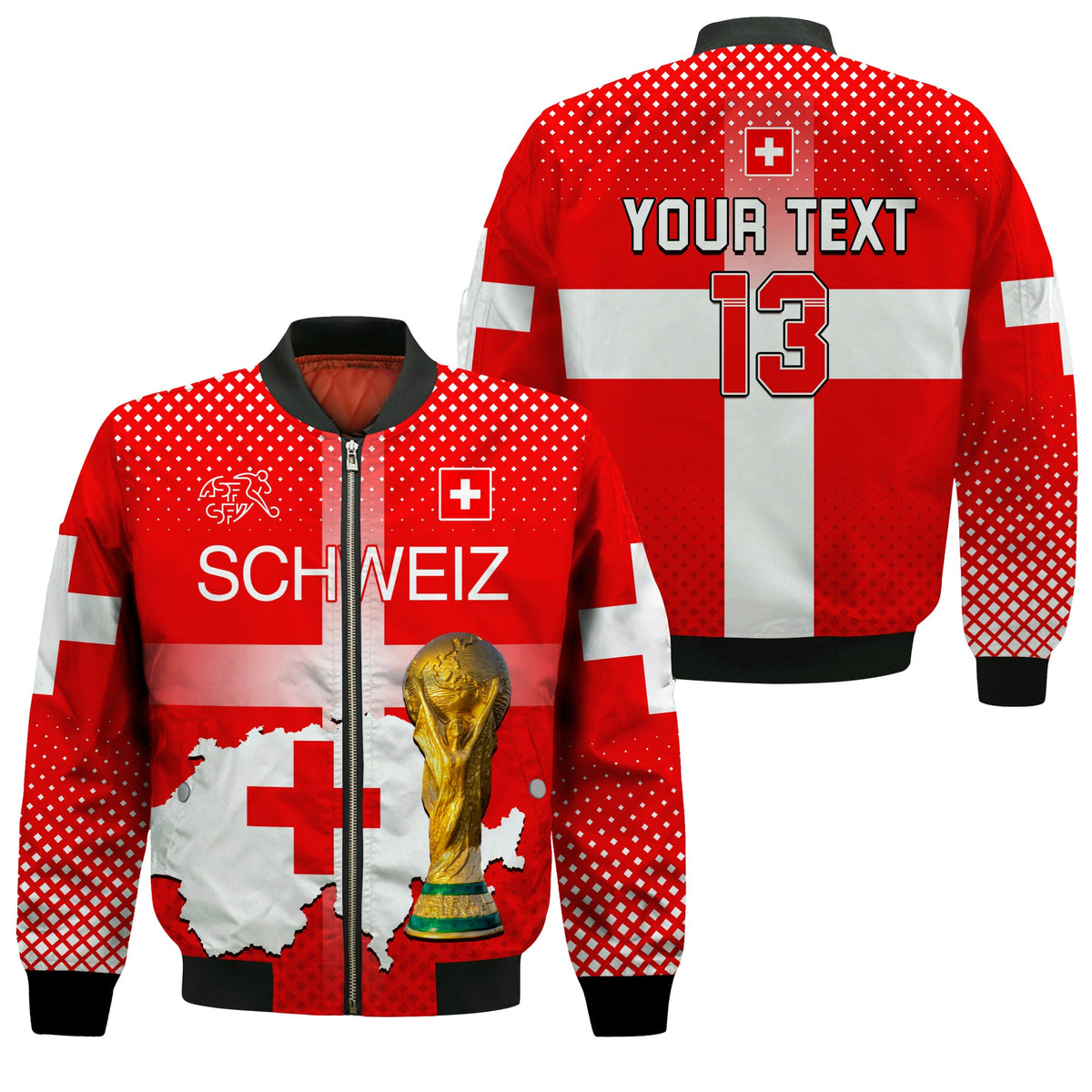 (Custom Text and Number) Switzerland Football Bomber Jacket Schweizer Pati Champion 2022 World Cup LT13 - Wonder Print Shop