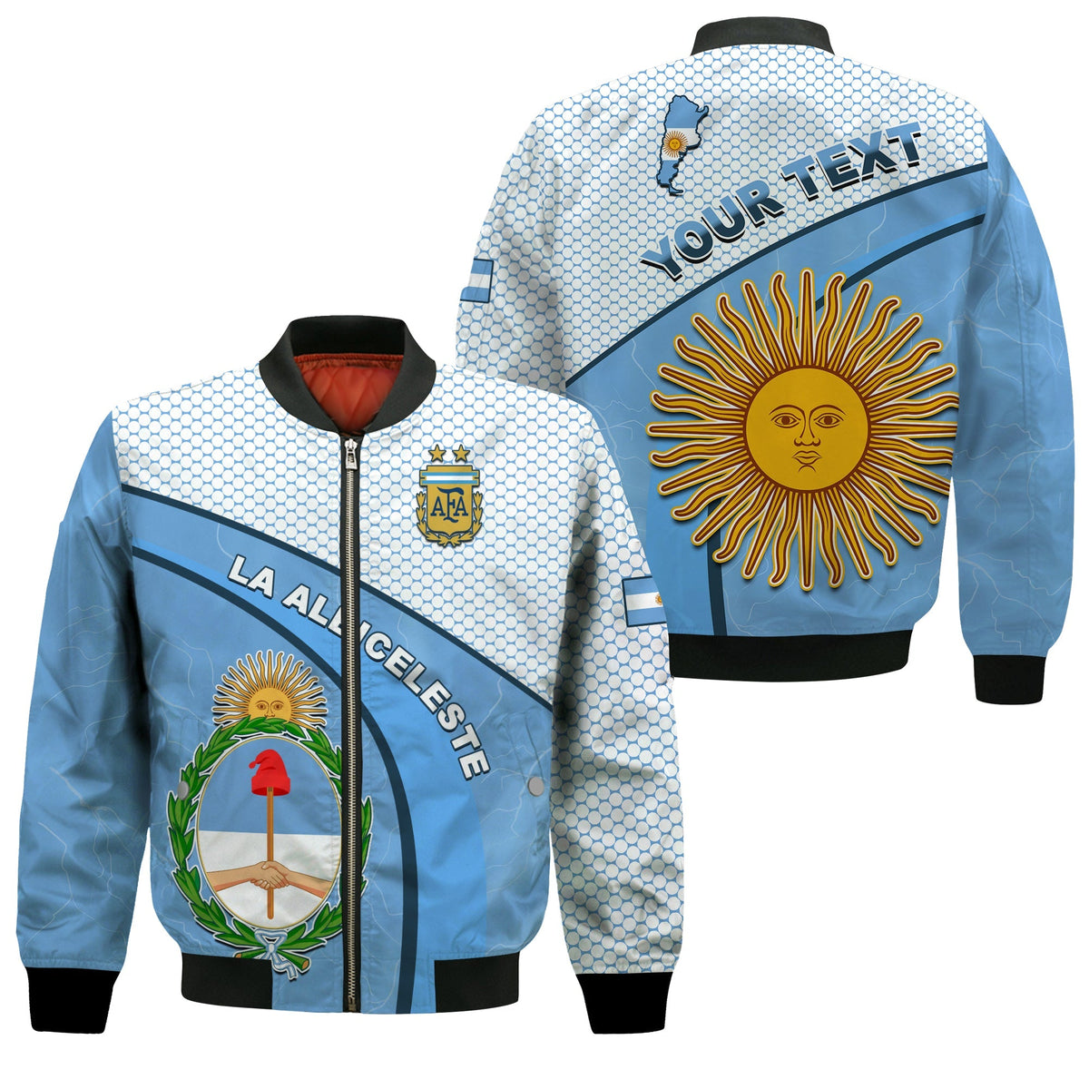 (Custom Personalised) Argentina Football 2022 Bomber Jacket Champions Blue Sky May Sun LT13 - Wonder Print Shop