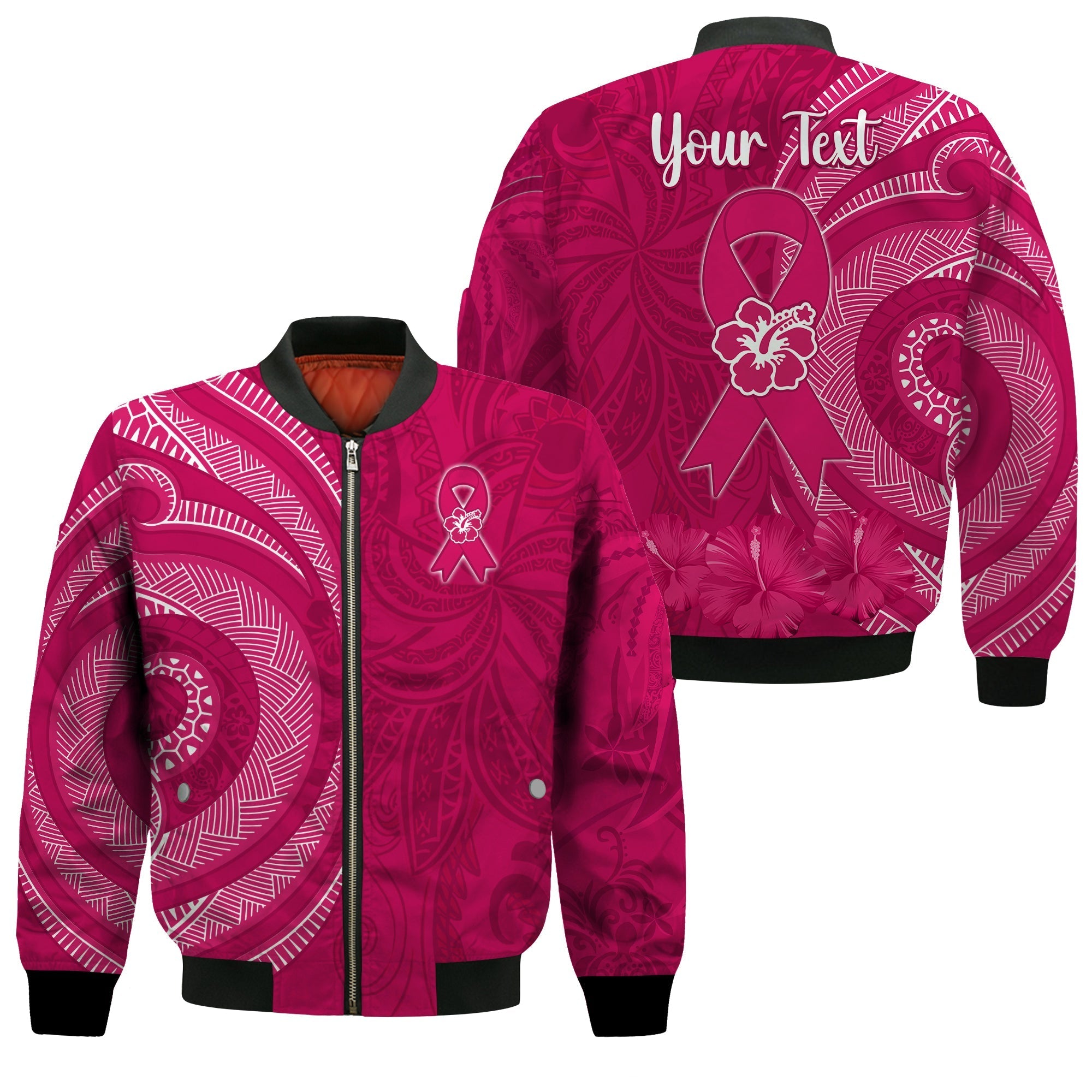 Custom Personalised Breast Cancer Awareness Bomber Jacket Hibiscus Polynesian No One Fights Alone LT13 - Wonder Print Shop