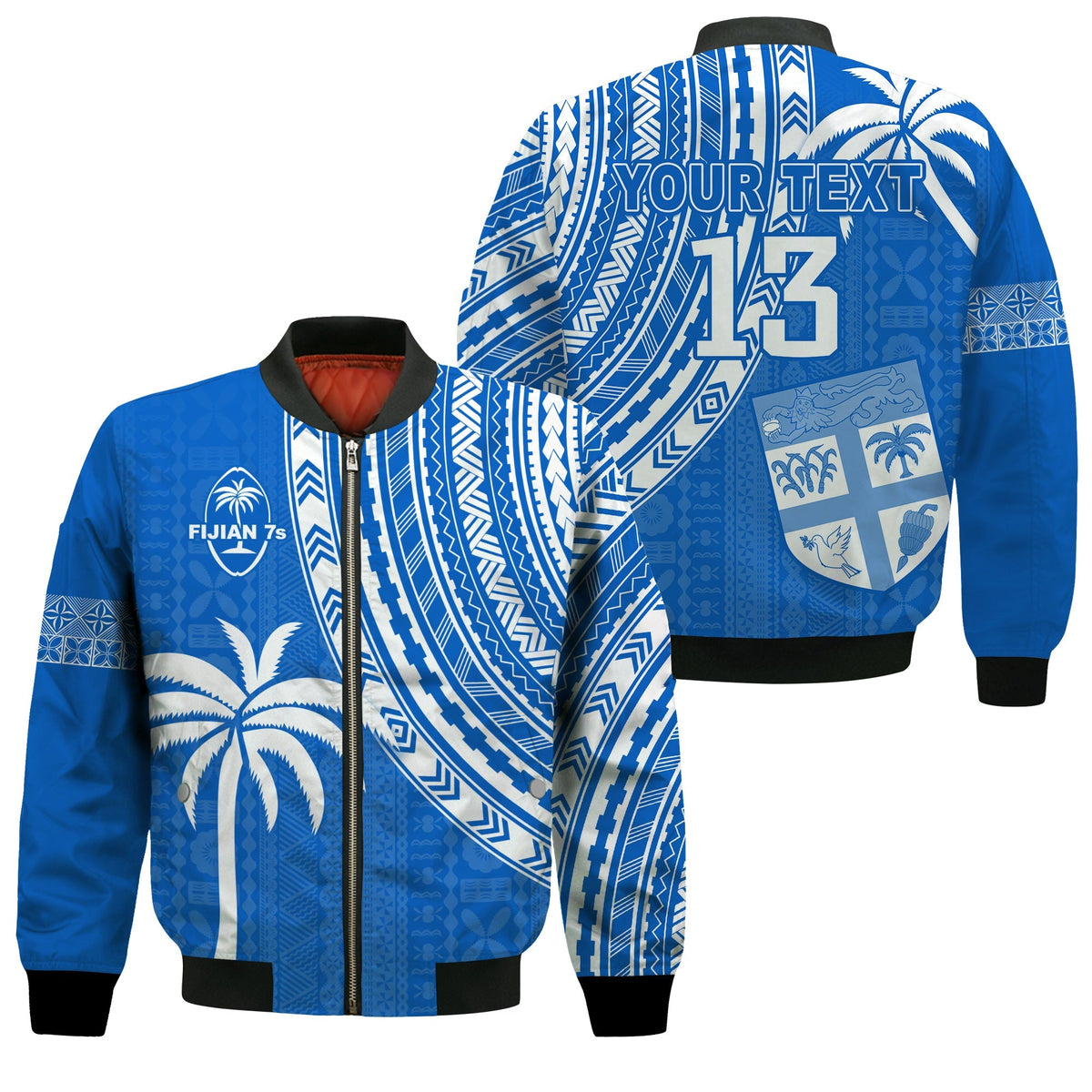 Custom Text and Number Fiji Rugby Sevens Bomber Jacket Fijian 7s Tapa Polynesian Blue Ver.01 LT13 - Wonder Print Shop