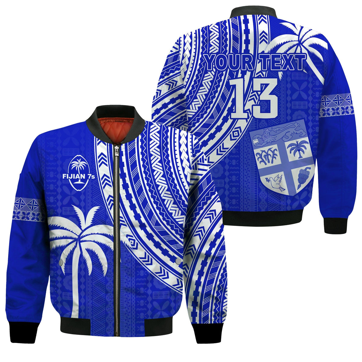 Custom Text and Number Fiji Rugby Sevens Bomber Jacket Fijian 7s Tapa Polynesian Blue Ver.02 LT13 - Wonder Print Shop
