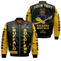 Black bomber jacket with Buffalo Soldiers design and sleeve text, front zipper