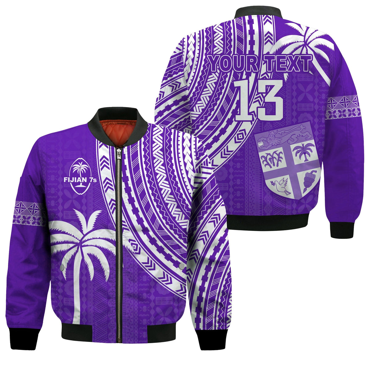 Custom Text and Number Fiji Rugby Sevens Bomber Jacket Fijian 7s Tapa Polynesian Purple LT13 - Wonder Print Shop