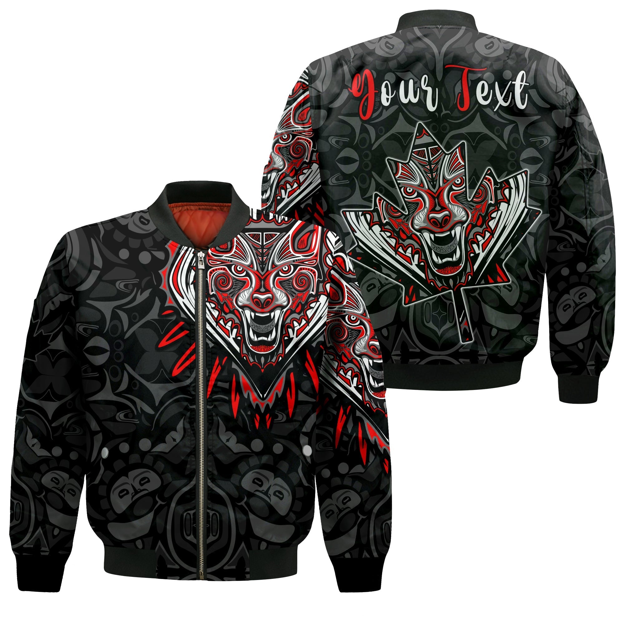 custom-personalised-canada-wolf-bomber-jacket-haida-and-maple-leaf