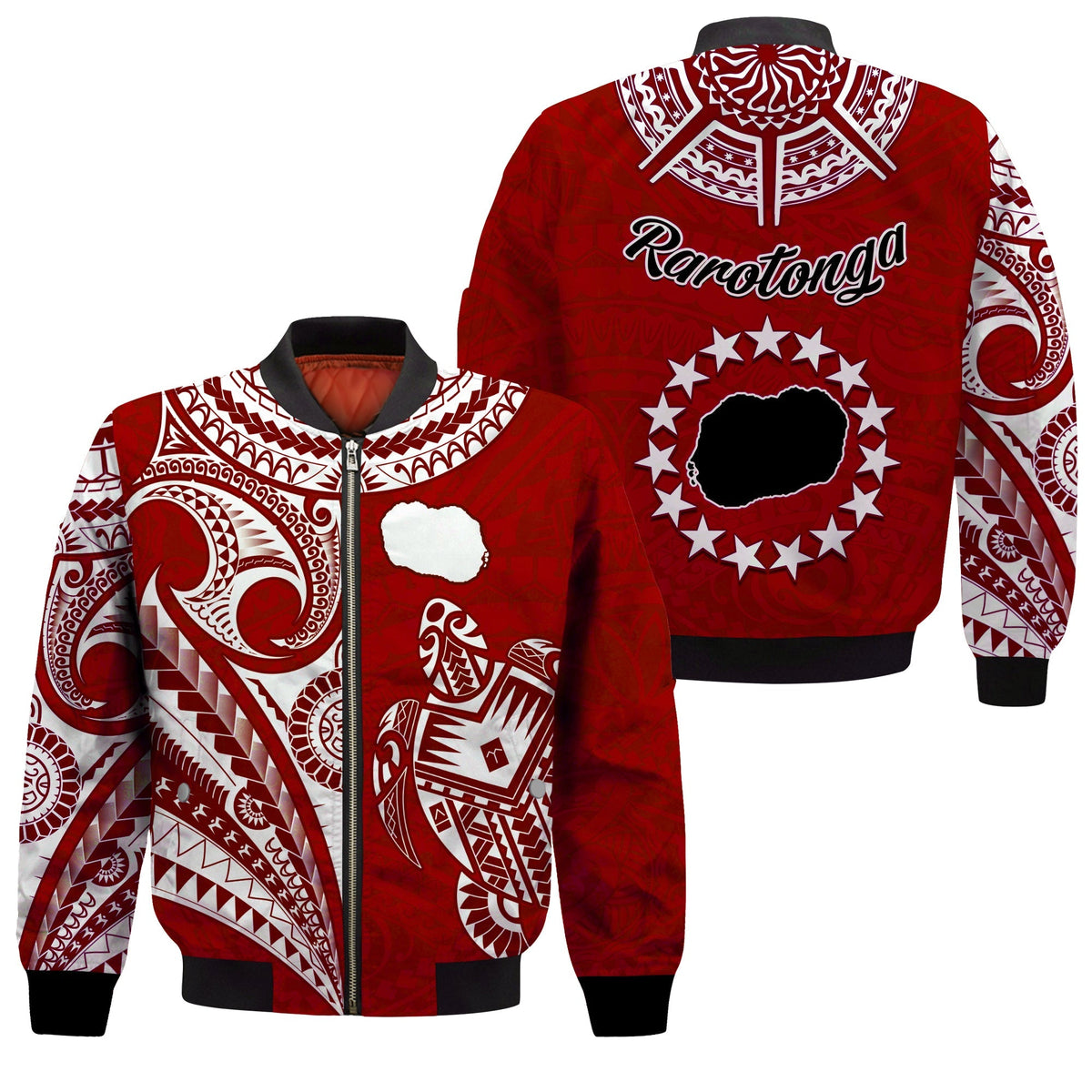 Rarotonga Cook Islands Bomber Jacket Turtle and Map Style Red LT13 - Wonder Print Shop