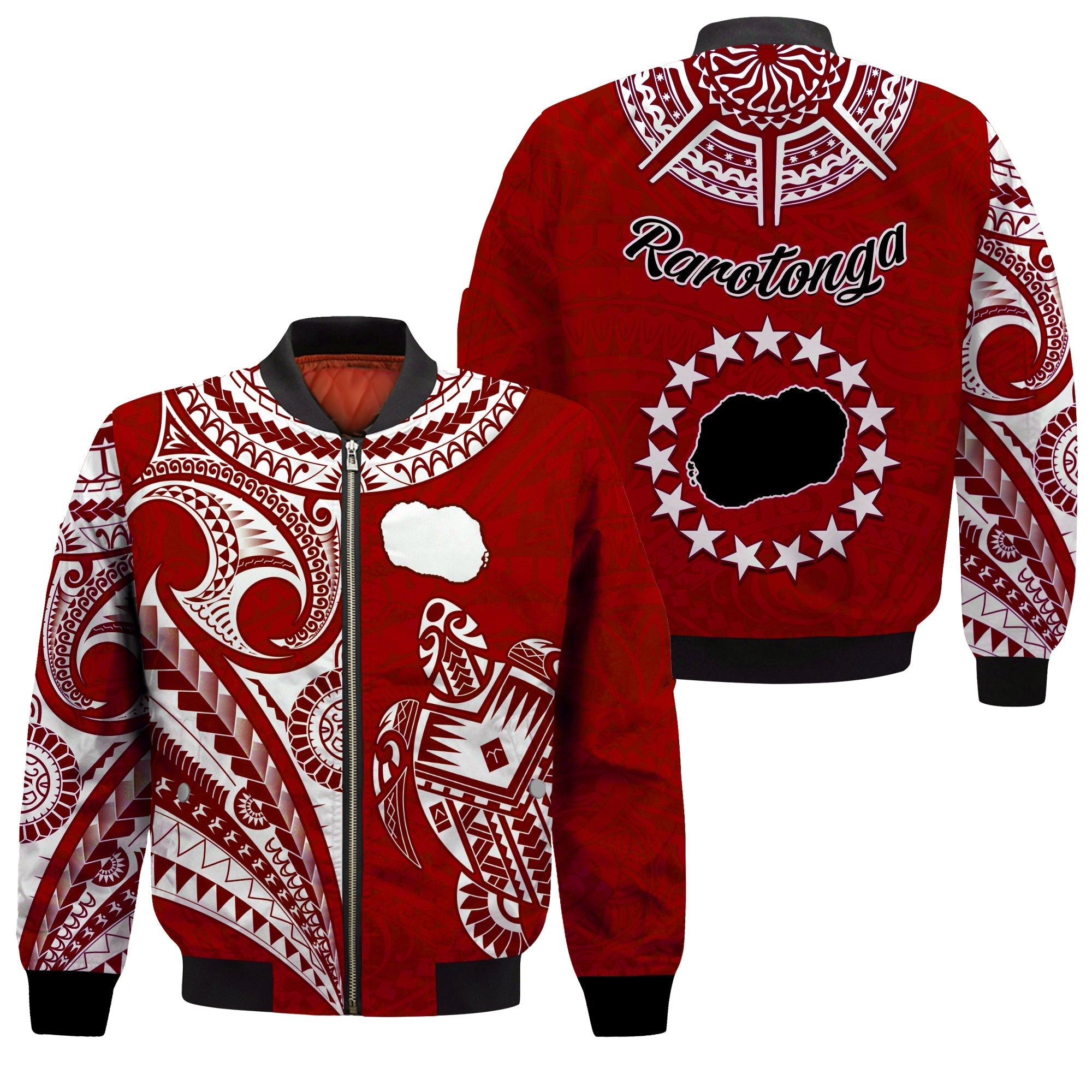 Rarotonga Cook Islands Bomber Jacket Turtle and Map Style Red LT13 - Wonder Print Shop