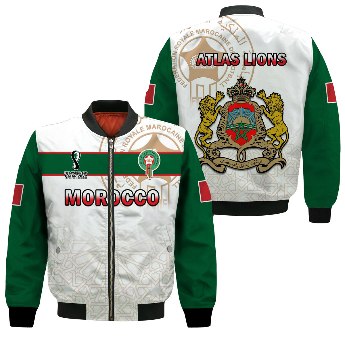 Morocco Football Bomber Jacket Atlas Lions White World Cup 2022 - Wonder Print Shop