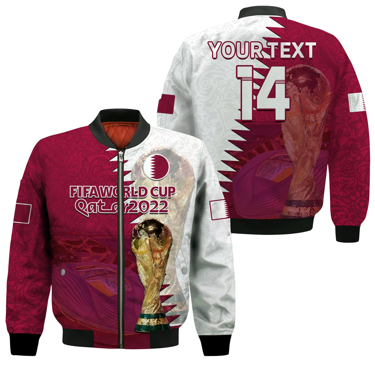(Custom Text And Number) Qatar Football Bomber Jacket Champions Qatari Al Janoub Stadium WC 2022 - Wonder Print Shop