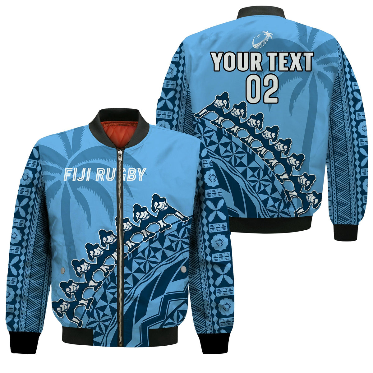 Custom Text And Number Fiji Tapa Rugby Bomber Jacket Fijian Cibi Dance Tapa Pattern Blue - Wonder Print Shop