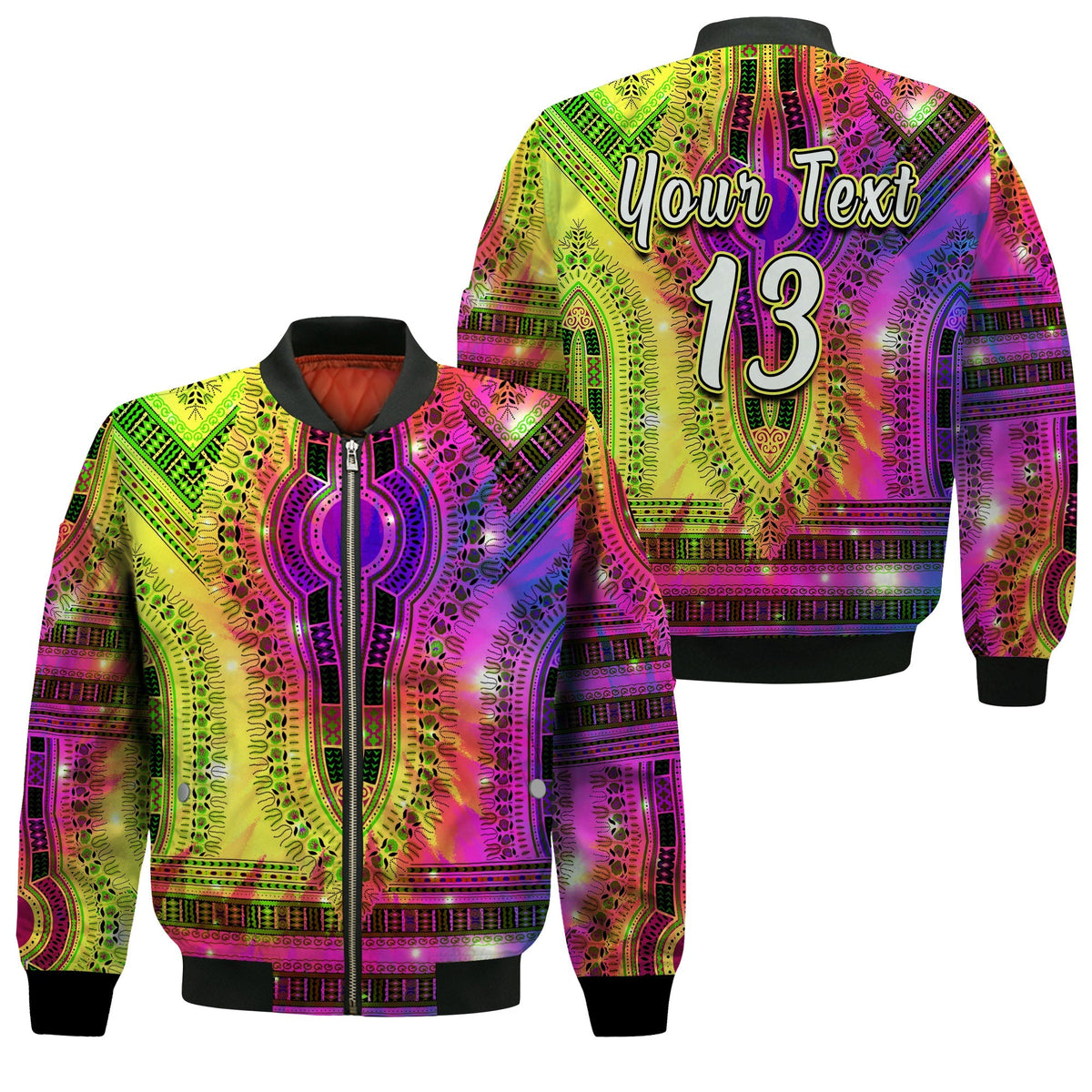 Multicolor bomber jacket, back view with 'Your Text' and number 13, ribbed cuffs