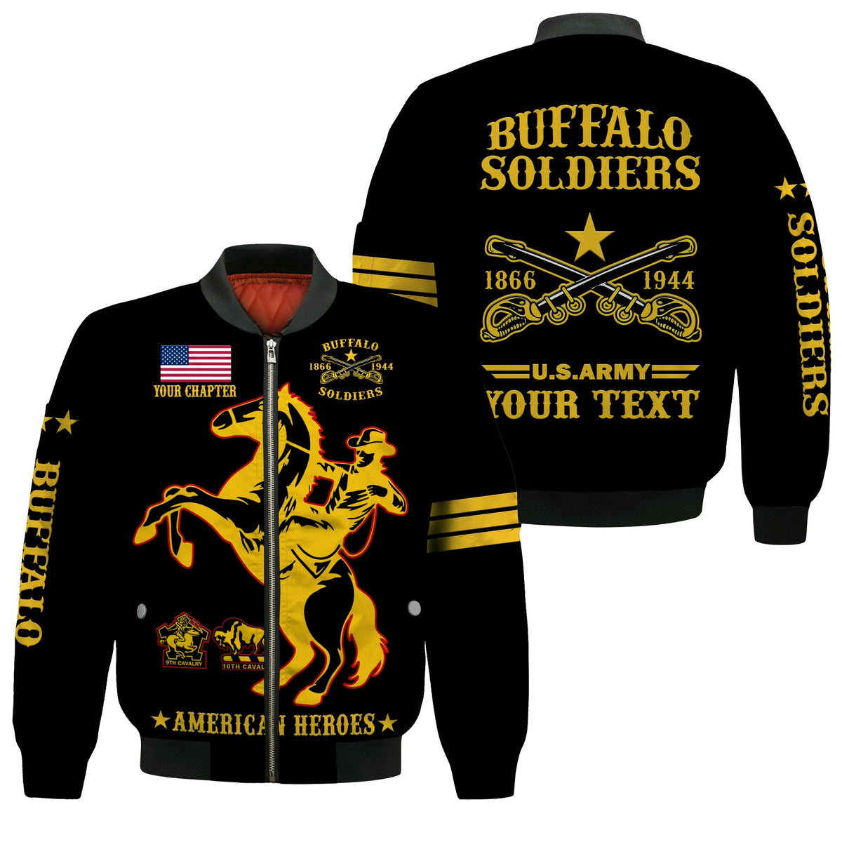 (Custom Text And Chapter) Buffalo Soldiers Bomber Jacket BSMC United States Army Black - Wonder Print Shop