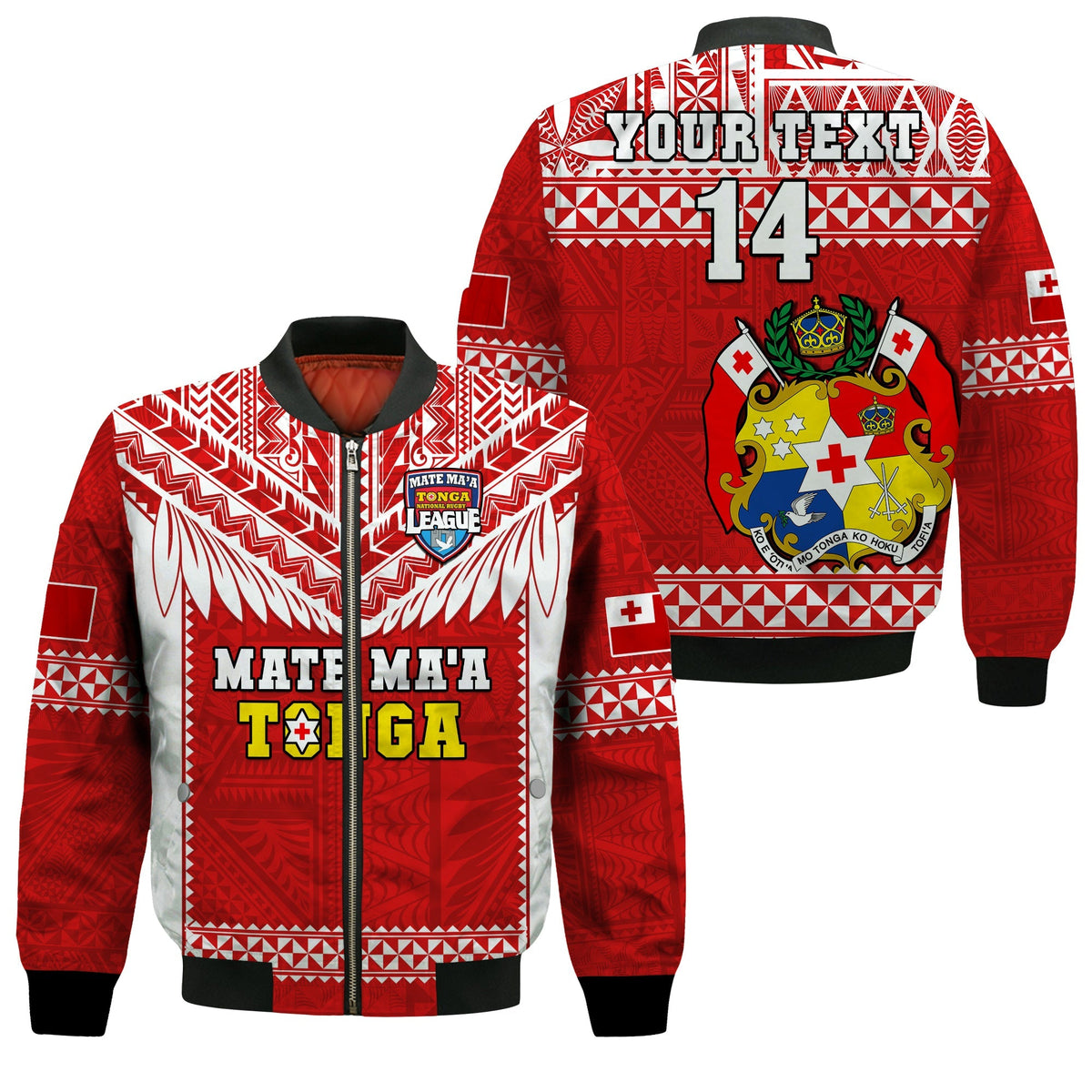Custom Text And Number Tonga Rugby Bomber Jacket Mate Maa Tonga Pacific Ngatu White - Wonder Print Shop