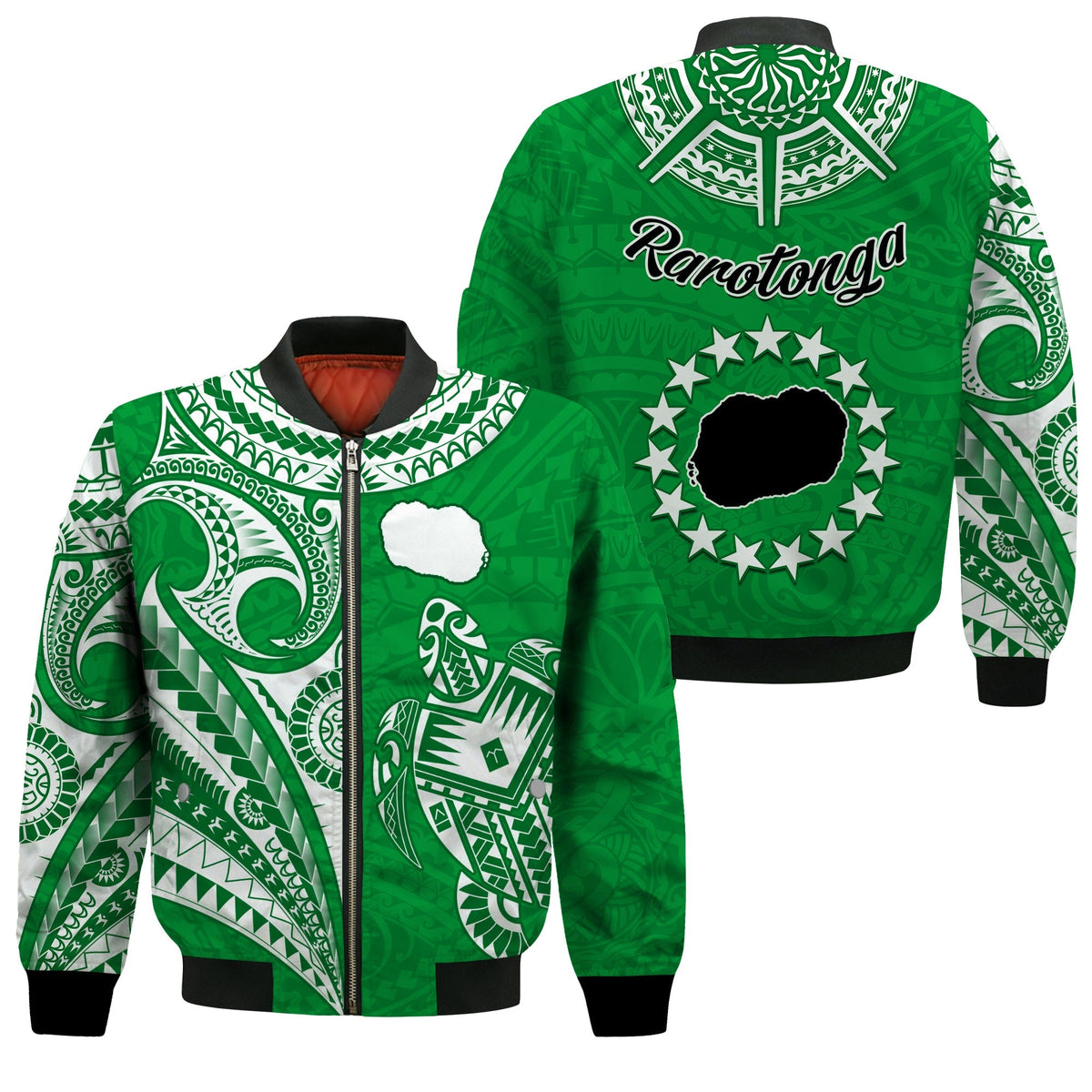 Rarotonga Cook Islands Bomber Jacket Turtle and Map Style Green LT13 - Wonder Print Shop