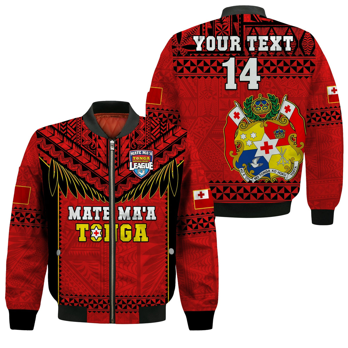 Custom Text And Number Tonga Rugby Bomber Jacket Mate Maa Tonga Pacific Ngatu Black - Wonder Print Shop