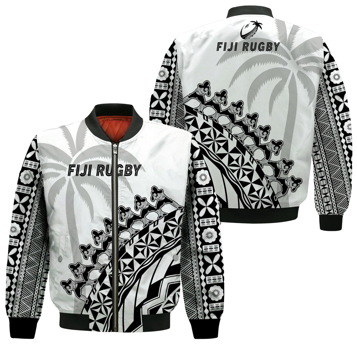 Fiji Rugby Bomber Jacket Fijian Cibi Dance Tapa Pattern White - Wonder Print Shop