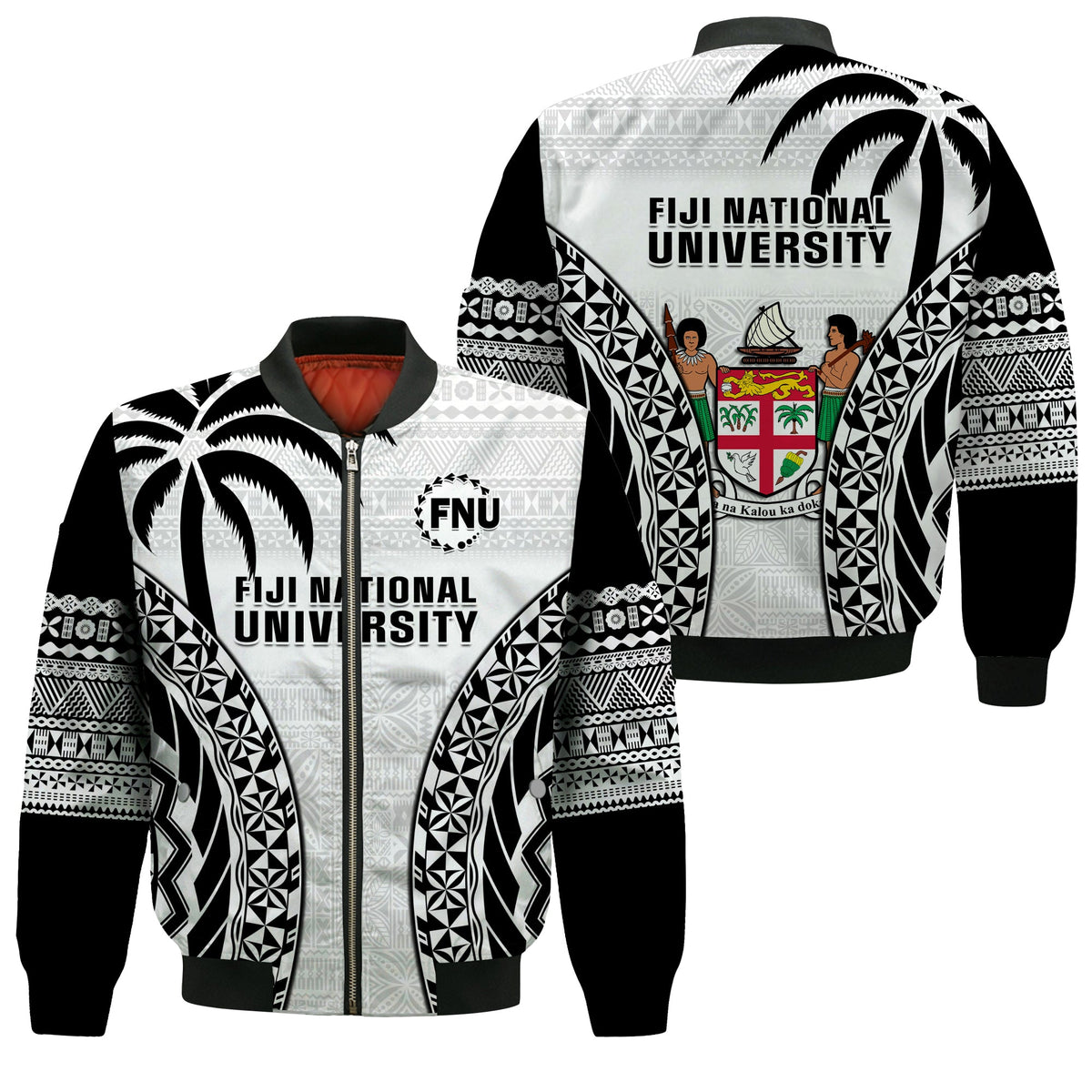 Fiji University Bomber Jacket National Fijian Tapa Pattern White - Wonder Print Shop