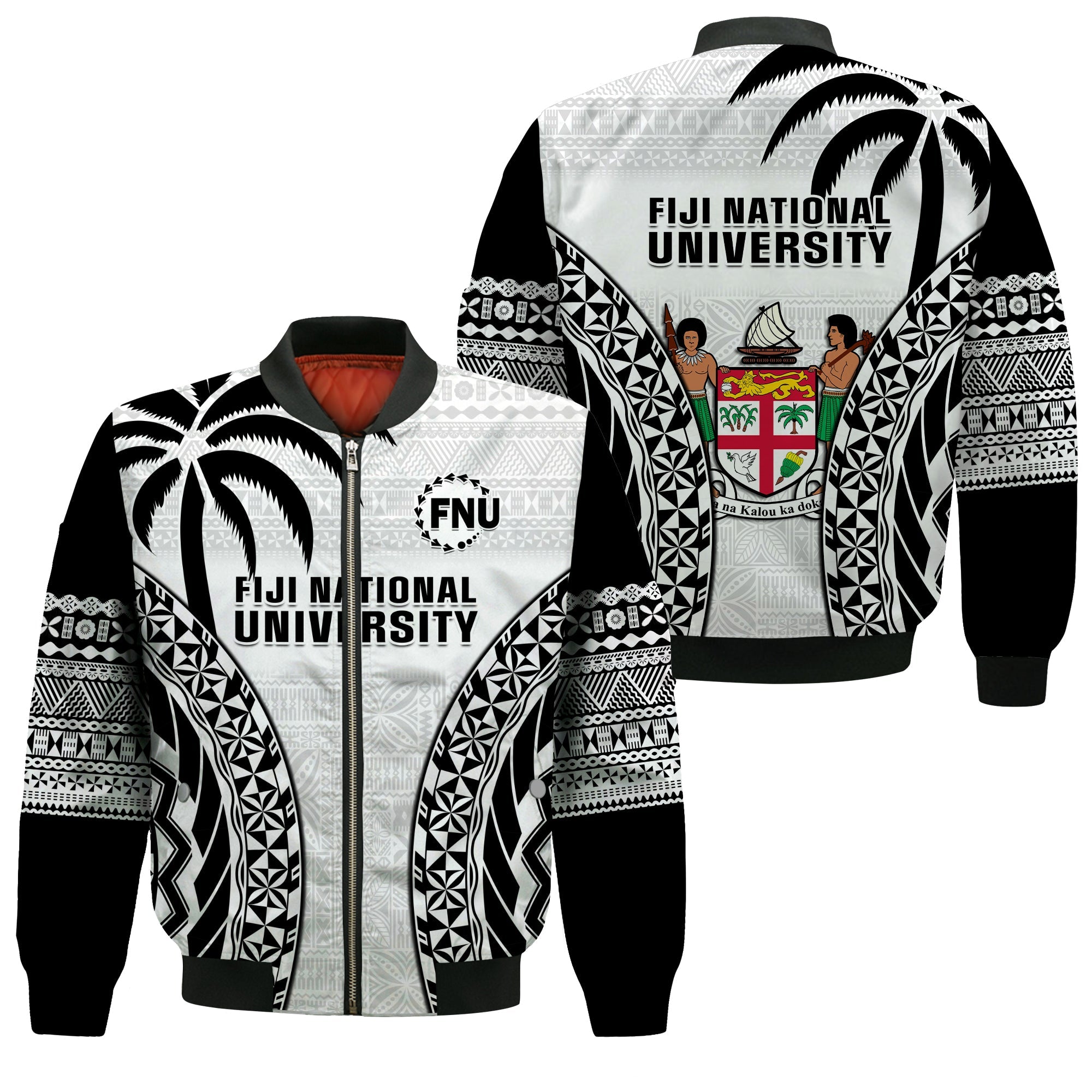 Fiji University Bomber Jacket National Fijian Tapa Pattern White - Wonder Print Shop