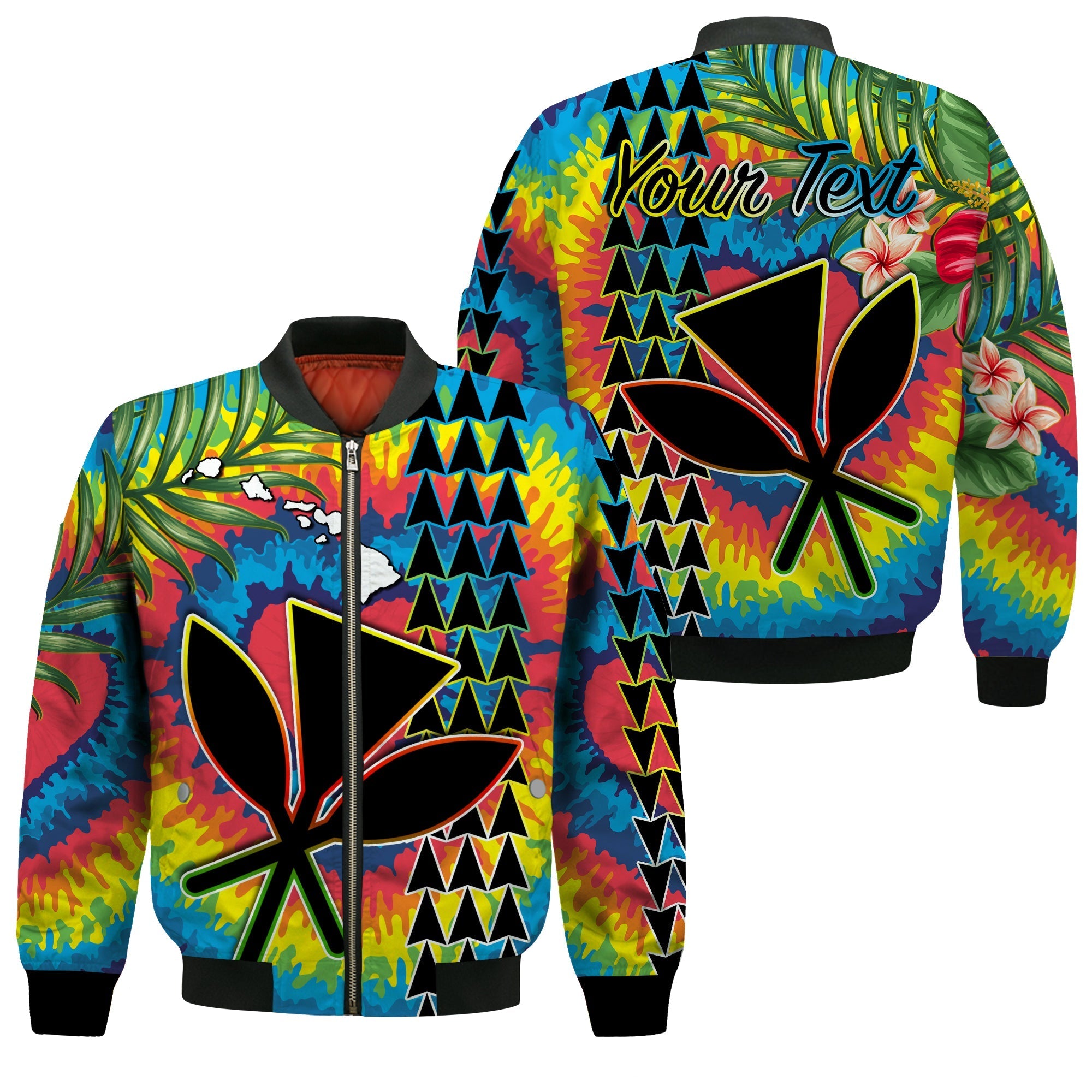 custom-personalised-hawaii-rainbow-tie-dye-bomber-jacket-flowers-polynesian-hawaiian-tribal