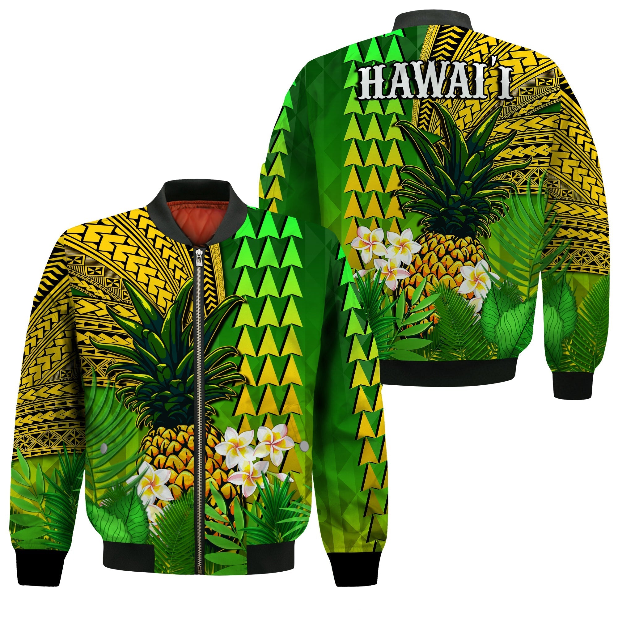 Hawaii Pineapple Bomber Jacket Plumeria Frangipani Mix Tribal Pattern LT13 - Wonder Print Shop