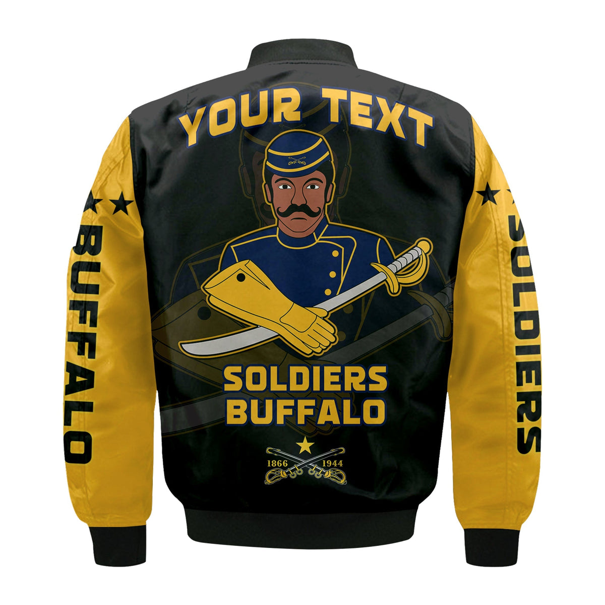 Back view: black bomber jacket with custom text and Buffalo Soldiers emblem, rib cuffs
