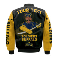 Back view: black bomber jacket with custom text and Buffalo Soldiers emblem, rib cuffs