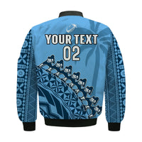 Custom Text And Number Fiji Tapa Rugby Bomber Jacket Fijian Cibi Dance Tapa Pattern Blue - Wonder Print Shop