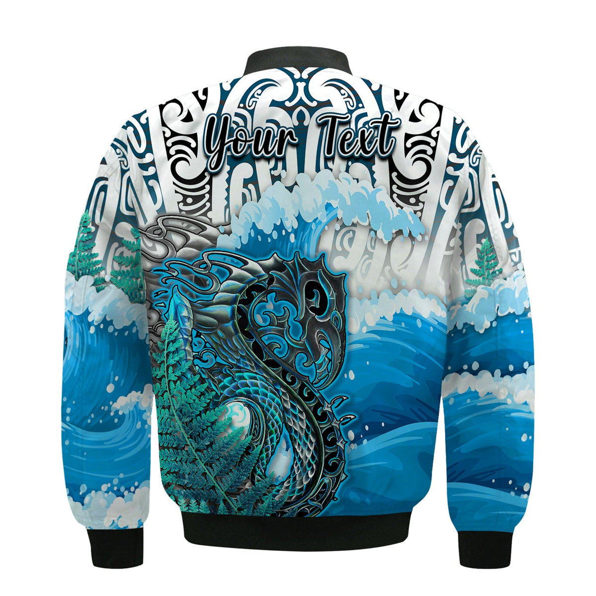 Custom Personalised Manaia Maori Bomber Jacket Fern Aotearoa Blue Waves LT13 - Wonder Print Shop