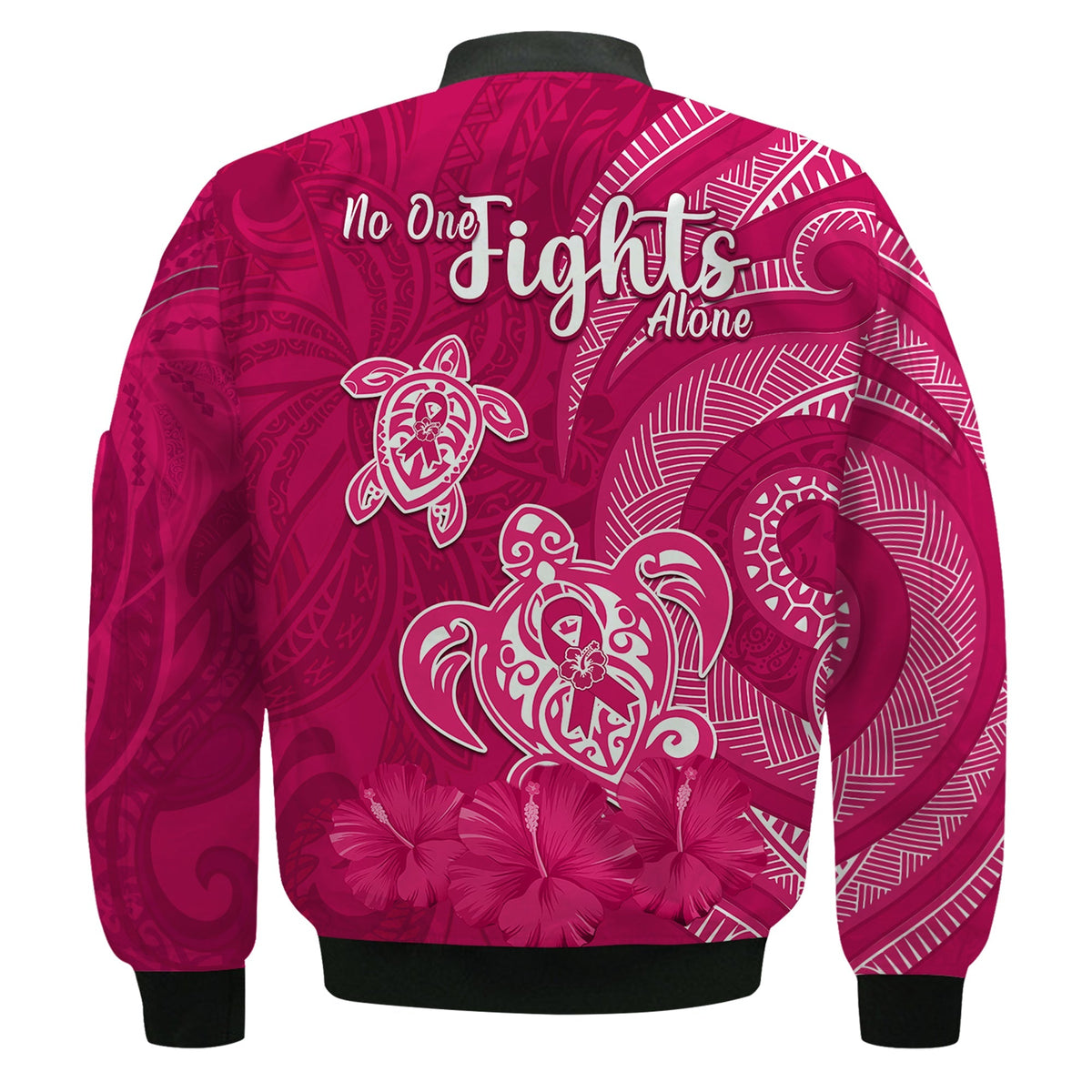 Breast Cancer Awareness Bomber Jacket Hibiscus Polynesian No One Fights Alone LT13 - Wonder Print Shop