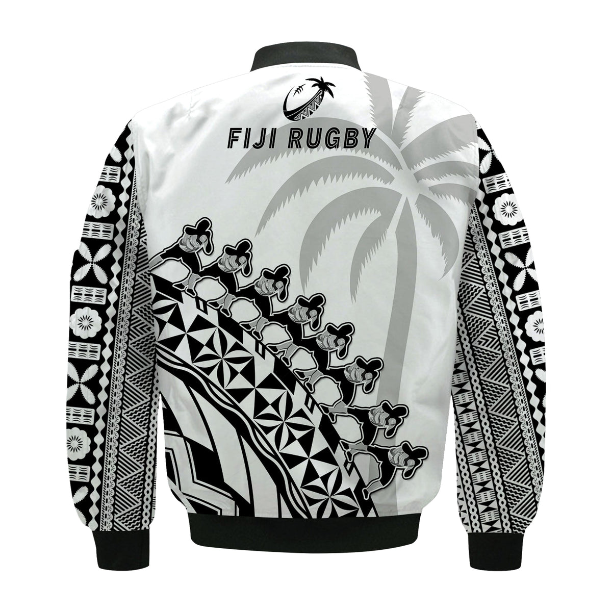 Fiji Rugby Bomber Jacket Fijian Cibi Dance Tapa Pattern White - Wonder Print Shop
