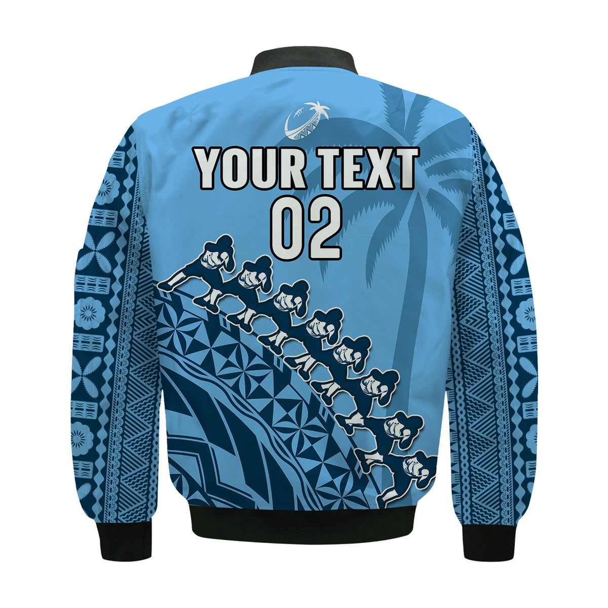 Custom Text And Number Fiji Tapa Rugby Bomber Jacket Fijian Cibi Dance Tapa Pattern Blue - Wonder Print Shop
