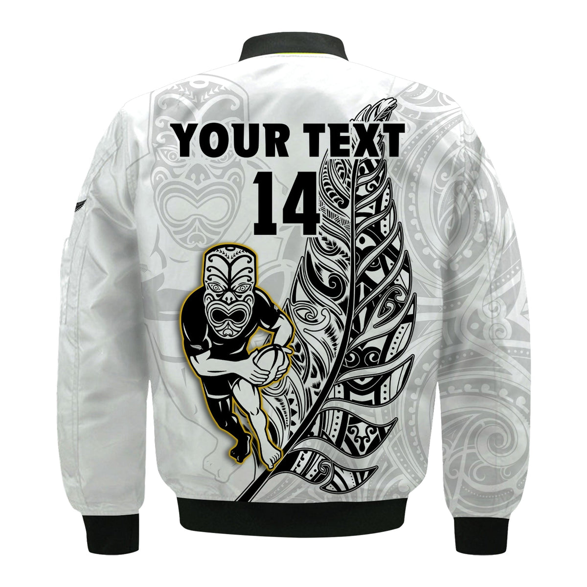 Custom Text And Number New Zealand 2022 Rugby Bomber Jacket All Black Silver Fern Maori Pattern Version White - Wonder Print Shop