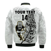 Custom Text And Number New Zealand 2022 Rugby Bomber Jacket All Black Silver Fern Maori Pattern Version White - Wonder Print Shop