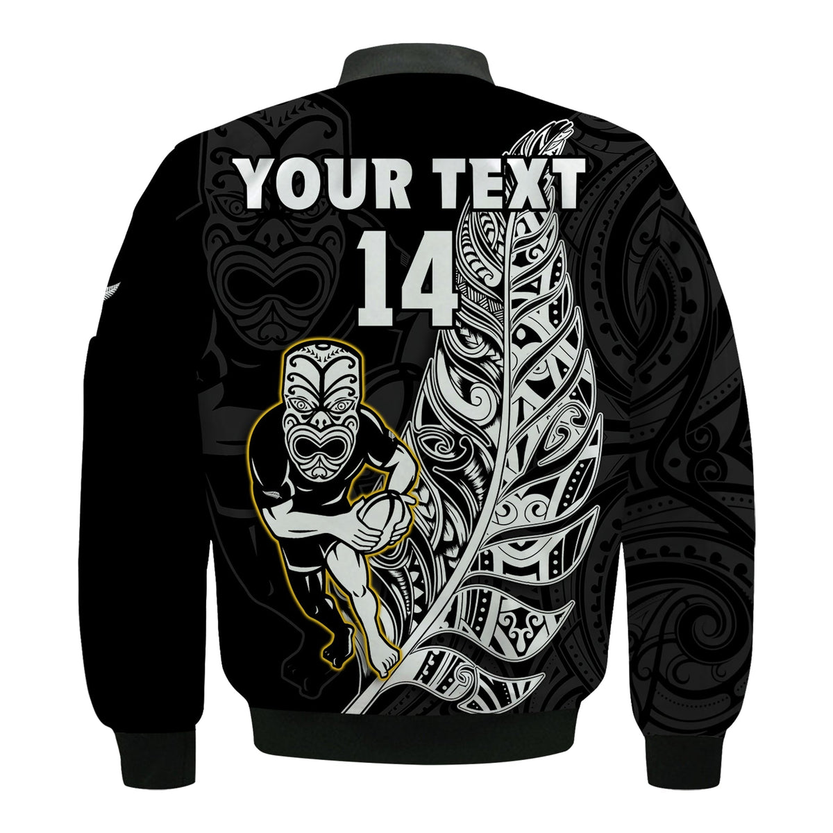 Custom Text And Number New Zealand 2022 Rugby Bomber Jacket All Black Silver Fern Maori Pattern Version Black - Wonder Print Shop