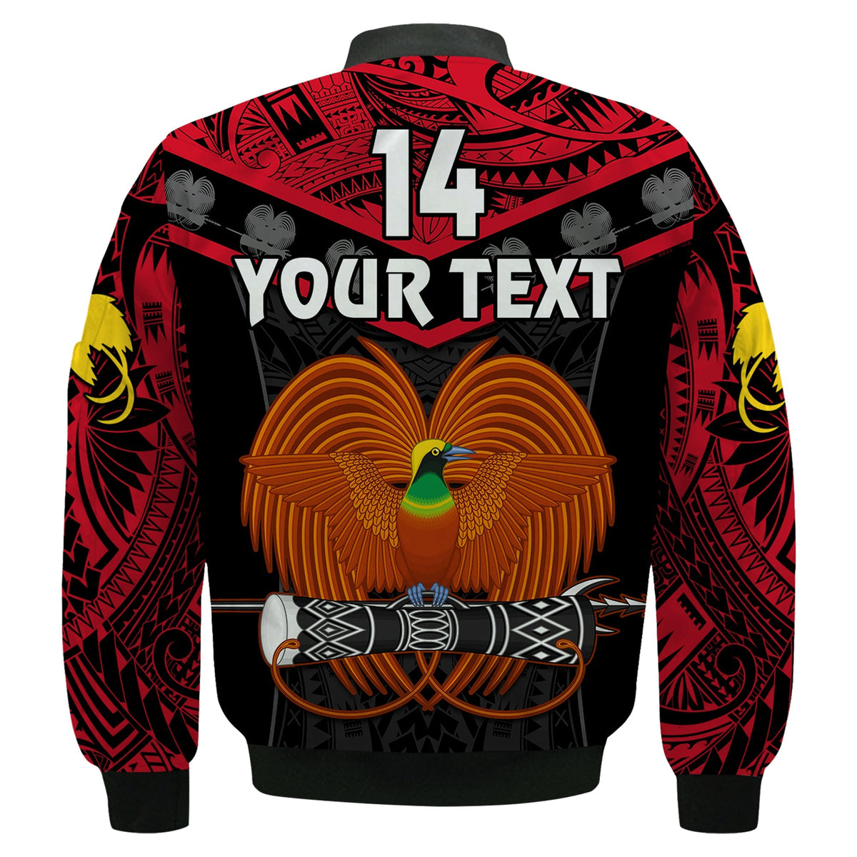 Custom Text And Number Papua New Guinea Rugby Bomber Jacket PNG Kumuls Bird Of Paradise Black - Wonder Print Shop