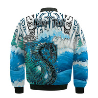 Custom Personalised Manaia Maori Bomber Jacket Fern Aotearoa Blue Waves LT13 - Wonder Print Shop