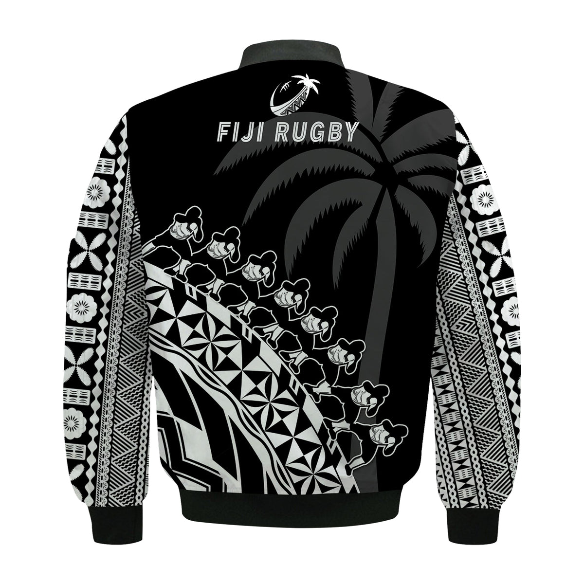Fiji Rugby Bomber Jacket Fijian Cibi Dance Tapa Pattern Black - Wonder Print Shop