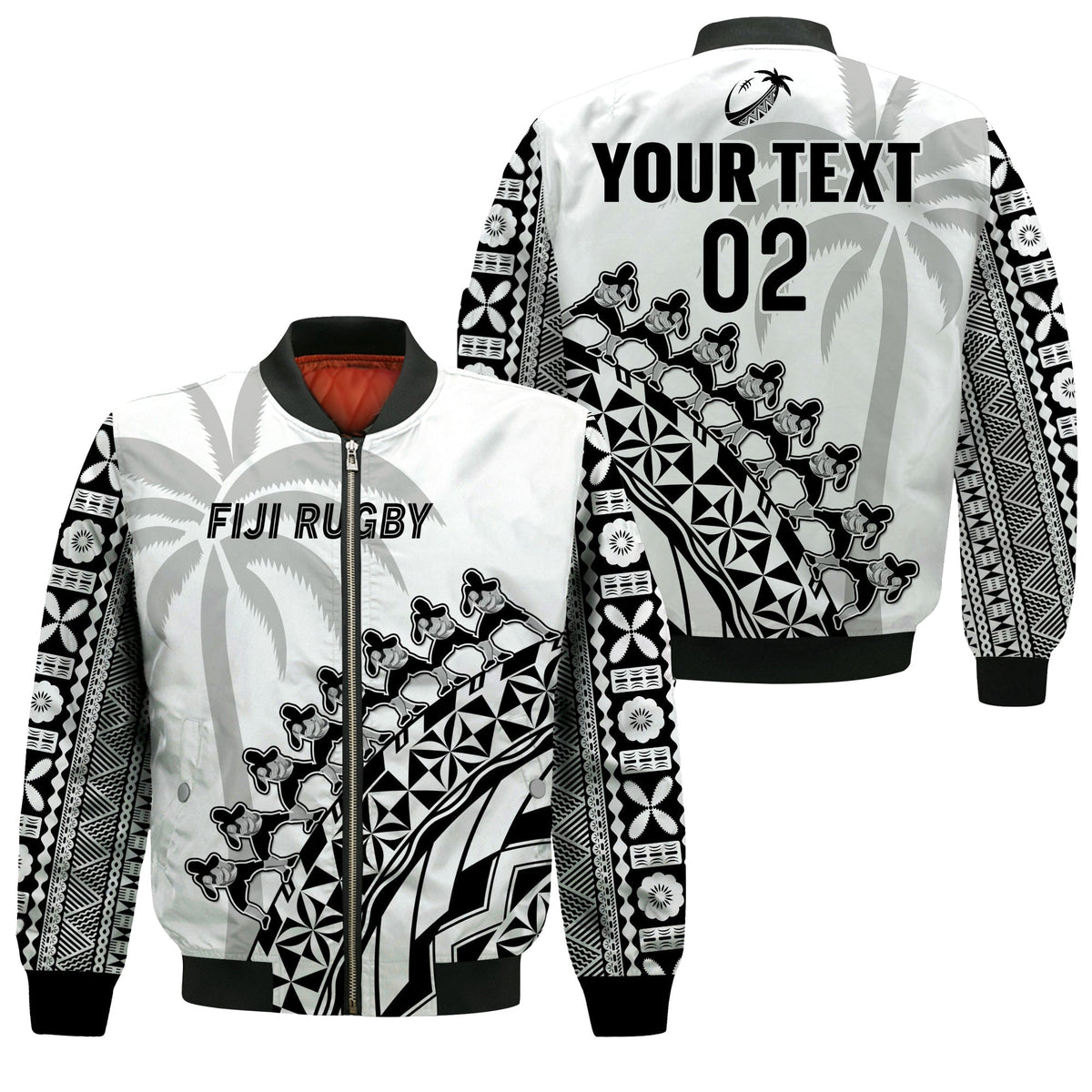 Custom Text And Number Fiji Rugby Bomber Jacket Fijian Cibi Dance Tapa Pattern White - Wonder Print Shop