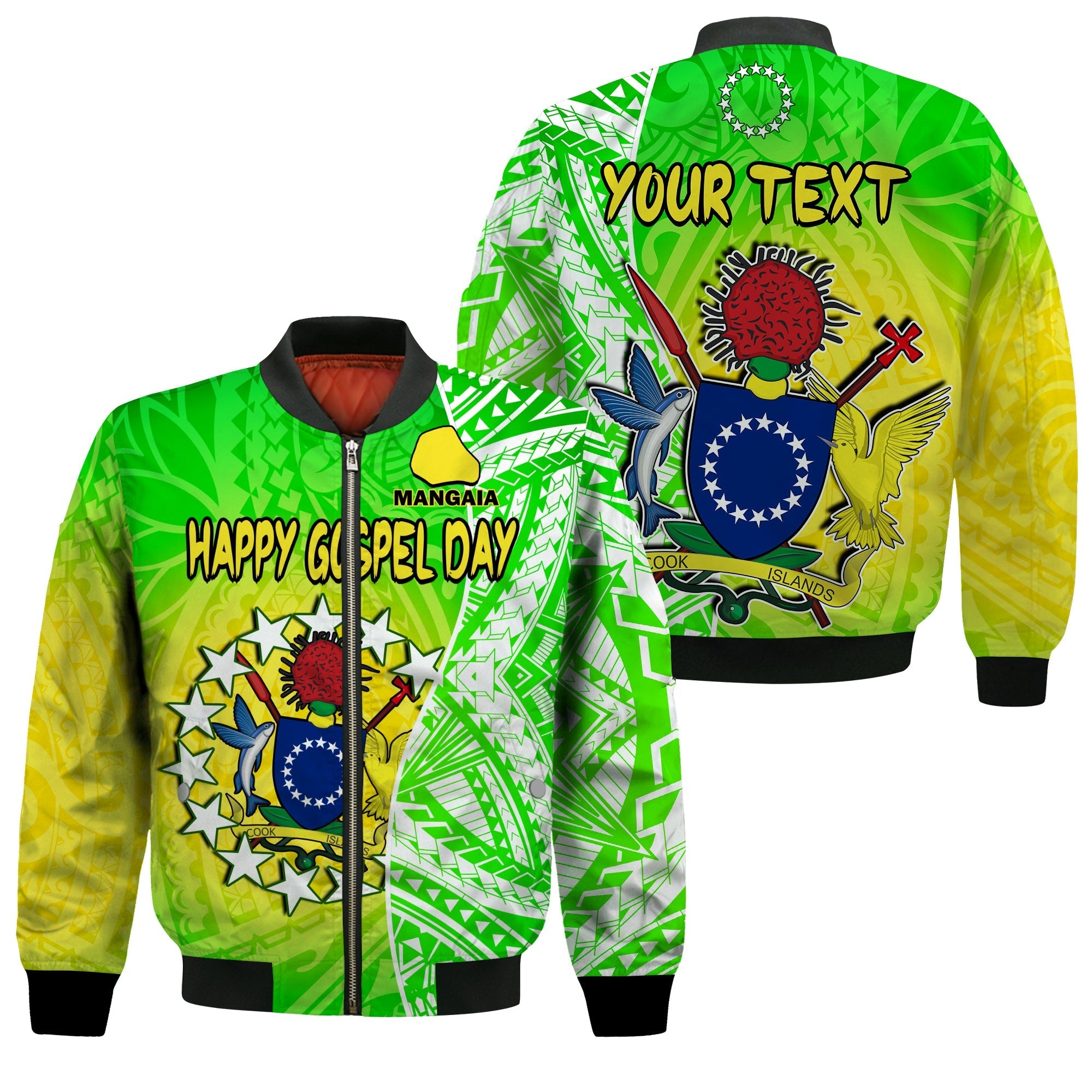 custom-personalised-happy-mangaia-gospel-day-bomber-jacket-cook-islands-coat-of-arms-polynesian-pattern