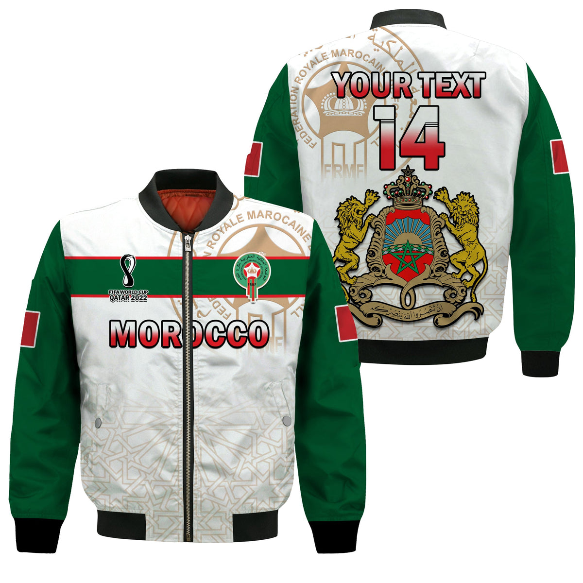 (Custom Text and Number) Morocco Football Bomber Jacket Atlas Lions White World Cup 2022 - Wonder Print Shop