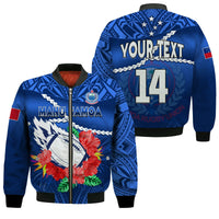 Blue Samoa rugby bomber jacket with custom text, number 14, hibiscus floral print, zip front