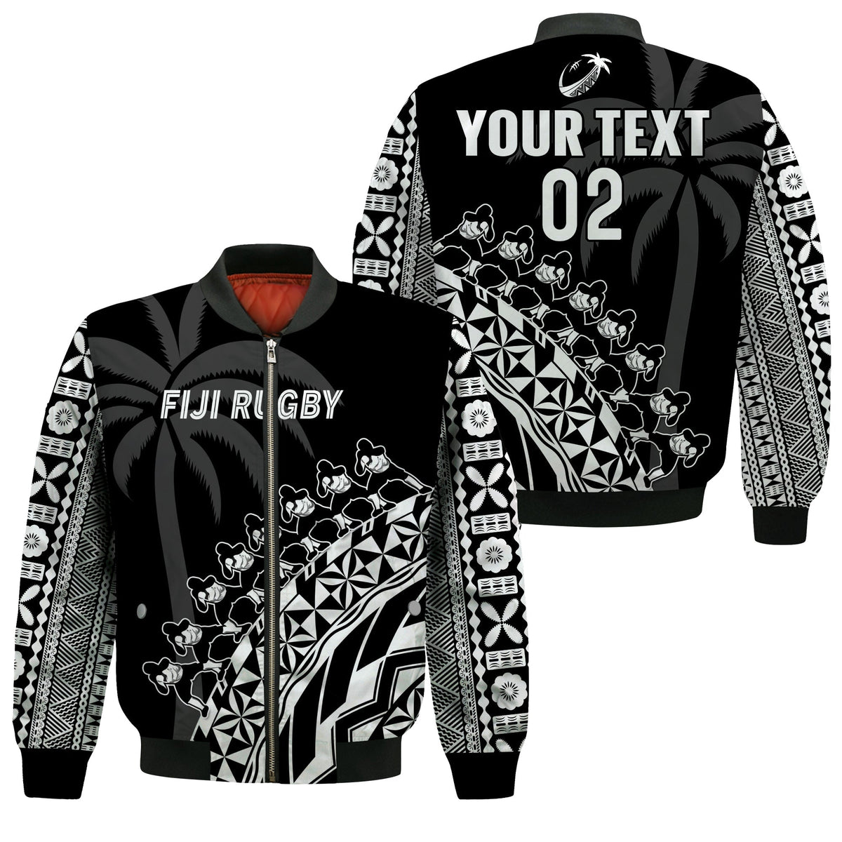 Custom Text And Number Fiji Rugby Bomber Jacket Fijian Cibi Dance Tapa Pattern Black - Wonder Print Shop