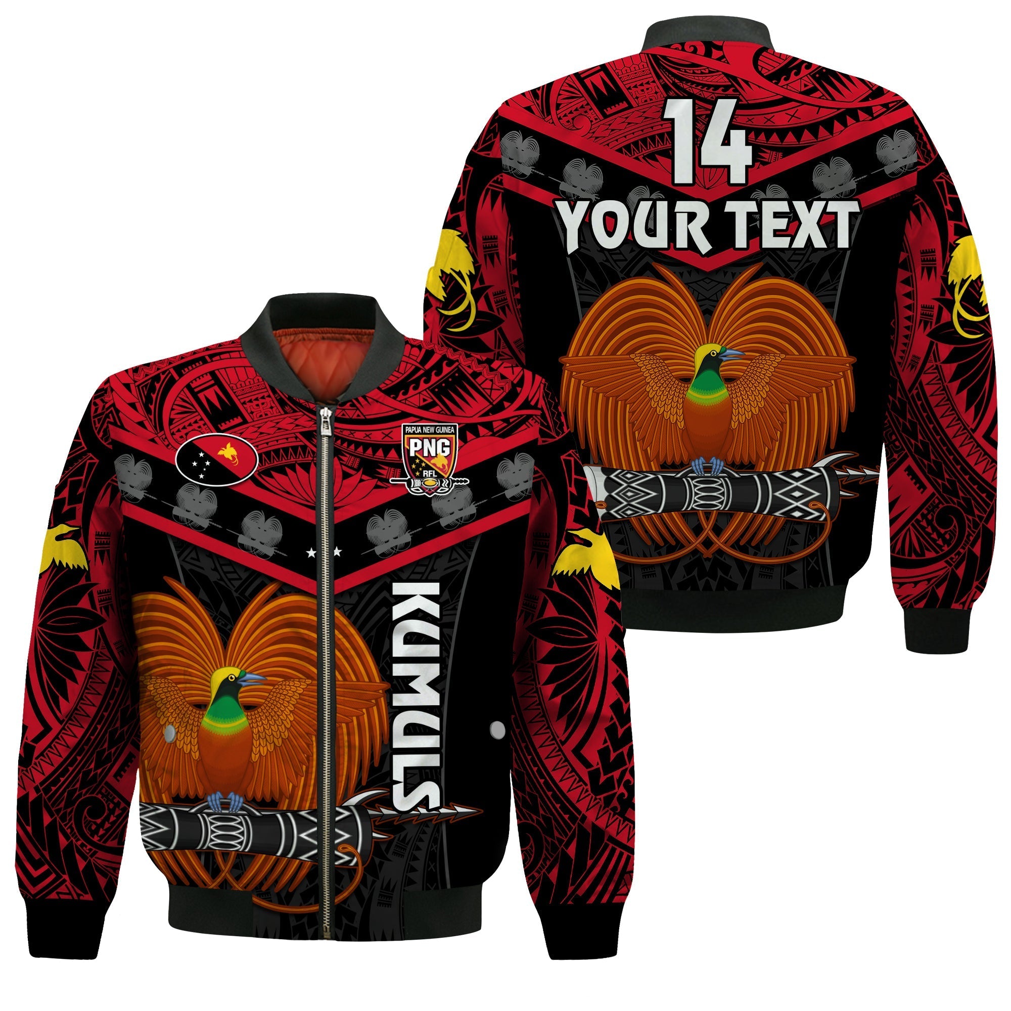 Custom Text And Number Papua New Guinea Rugby Bomber Jacket PNG Kumuls Bird Of Paradise Black - Wonder Print Shop