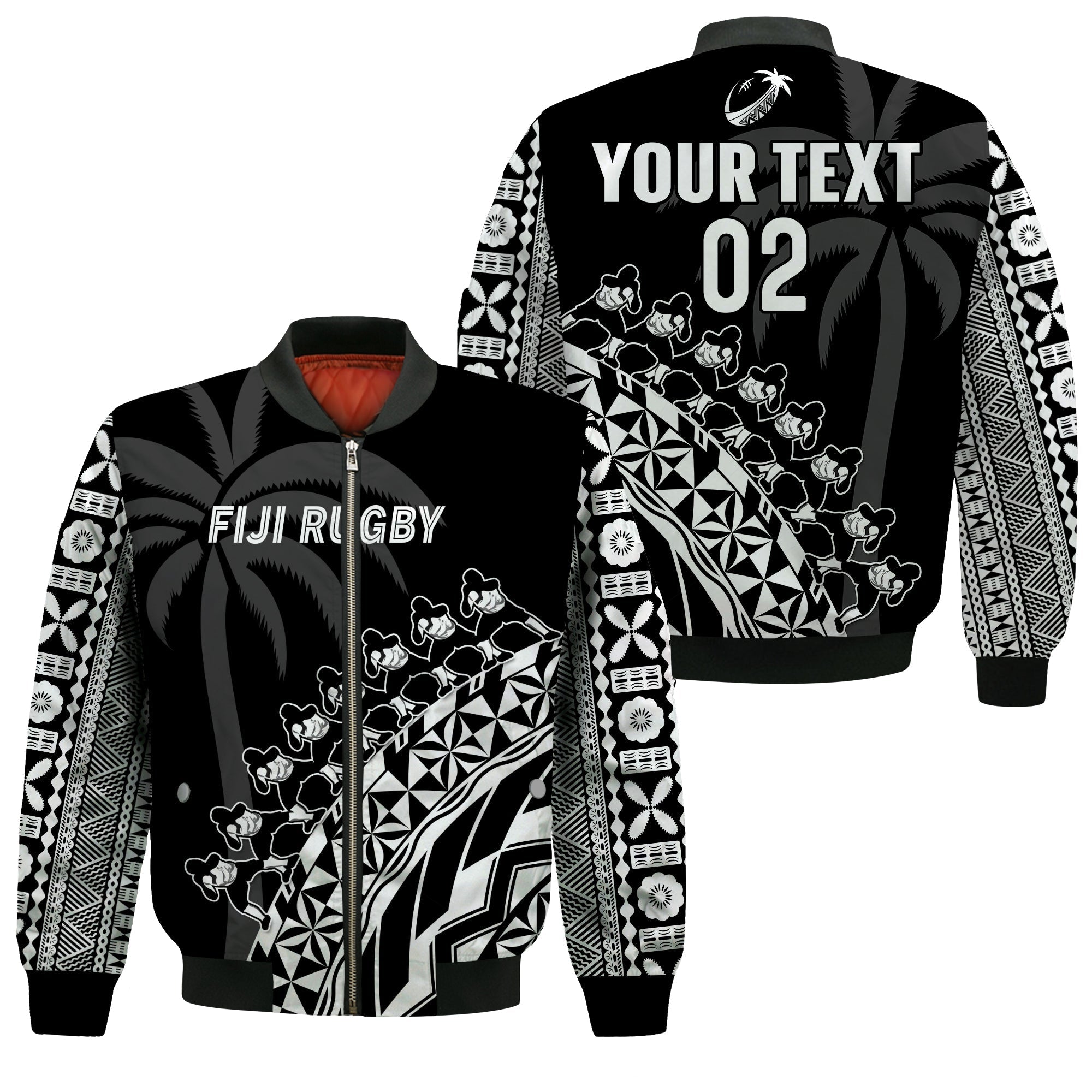 Custom Text And Number Fiji Rugby Bomber Jacket Fijian Cibi Dance Tapa Pattern Black - Wonder Print Shop