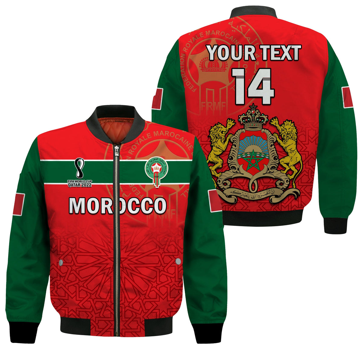 (Custom Text and Number) Morocco Football Bomber Jacket Atlas Lions Red World Cup 2022 - Wonder Print Shop