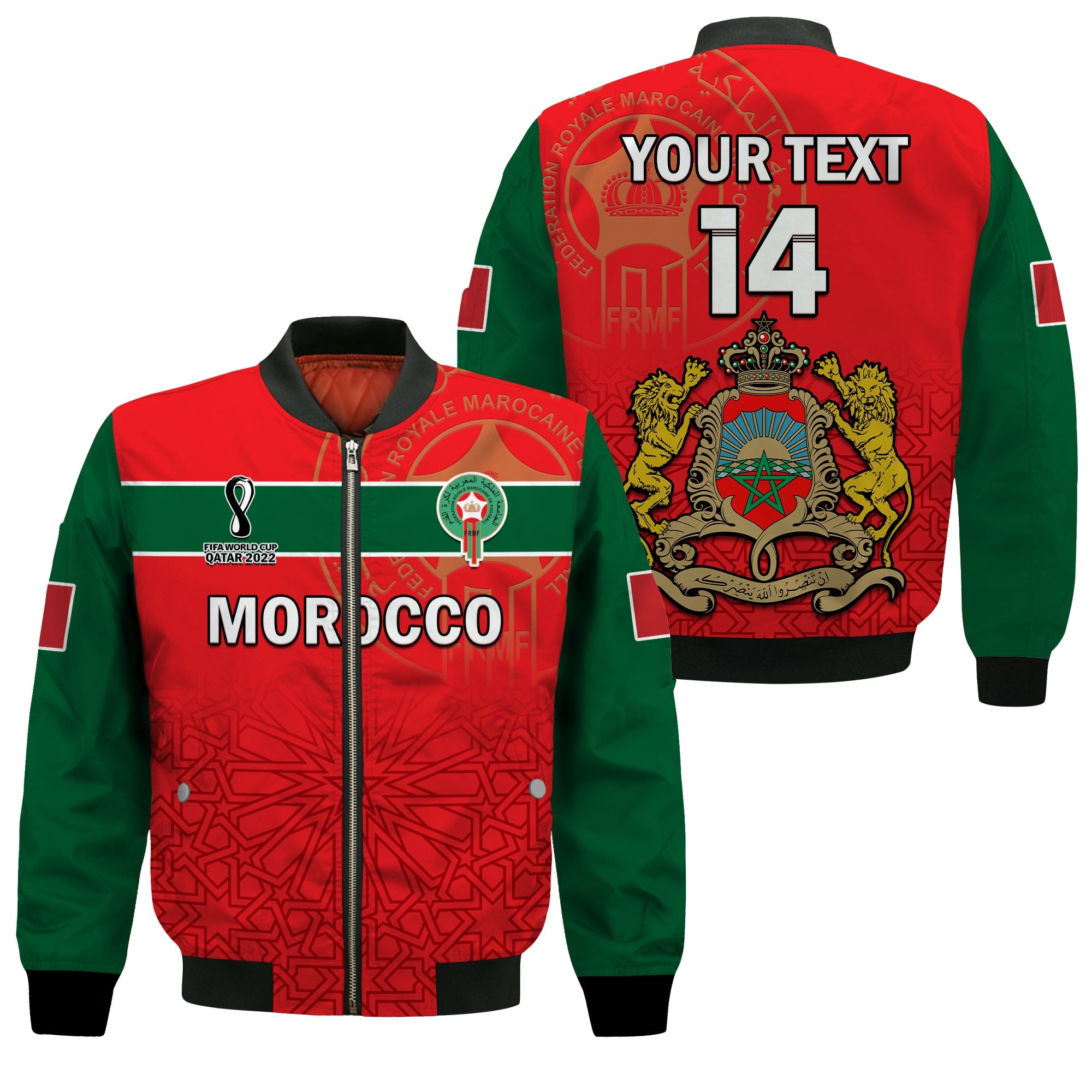 custom-text-and-number-morocco-football-bomber-jacket-atlas-lions-red-world-cup-2022
